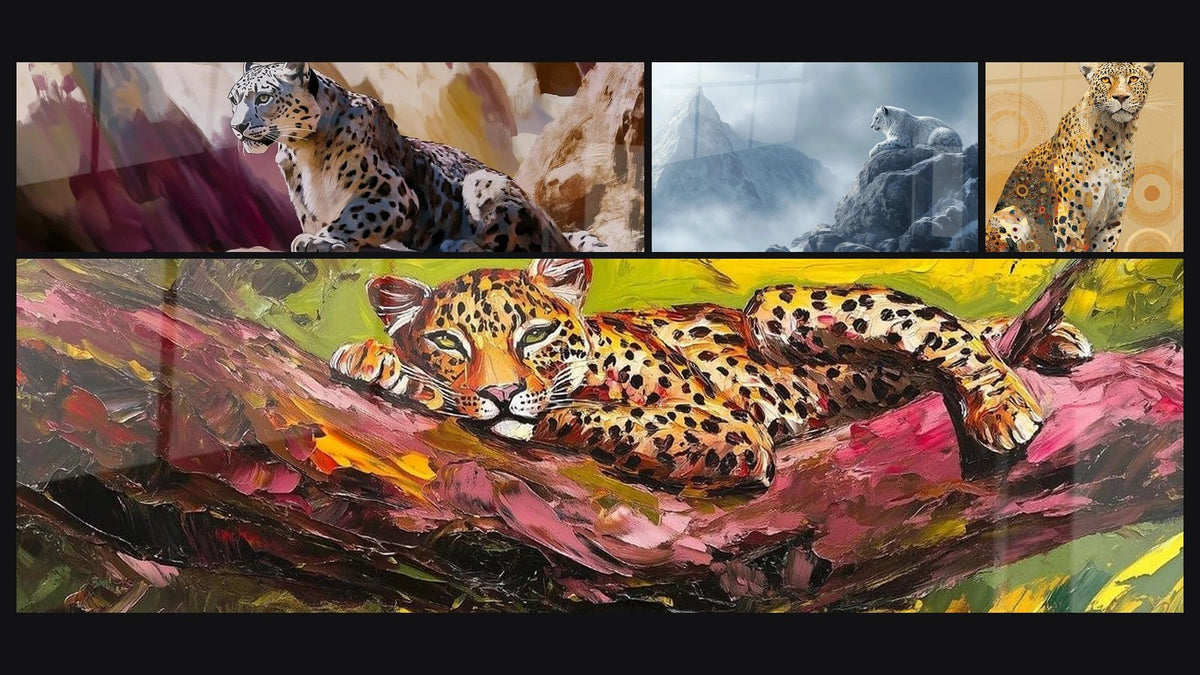 Mosaïque de quatre tableaux, dont Panthère ombre des pics, Léopard Taches de soleil et Panthère des neiges N°2