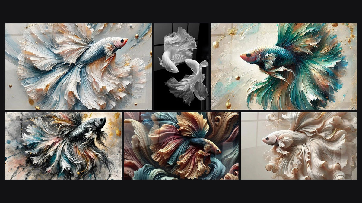 Mosaïque de six tableaux, dont Danse des Ondes, Majesté du Combattant et Poissons Betta