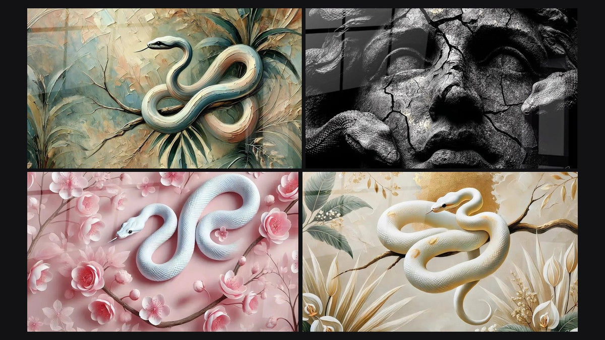 Mosaico de cuatro cuadros, entre ellos El Jardín de la Serpiente, Serpientes entrelazadas y Flores y Escamas