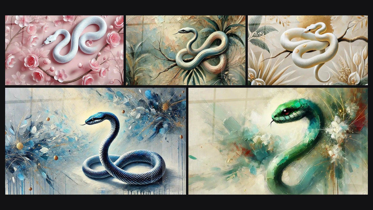 Mosaic of five paintings, including Flowers and Scales, Snake's Garden and Snake Light