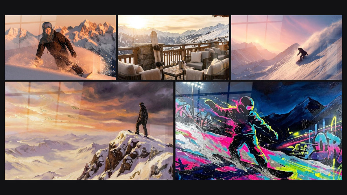 Mosaico di cinque quadri, tra cui Snowboarder Tramonto, Terrazza Chalet Montagna e Snowboardista Montagna