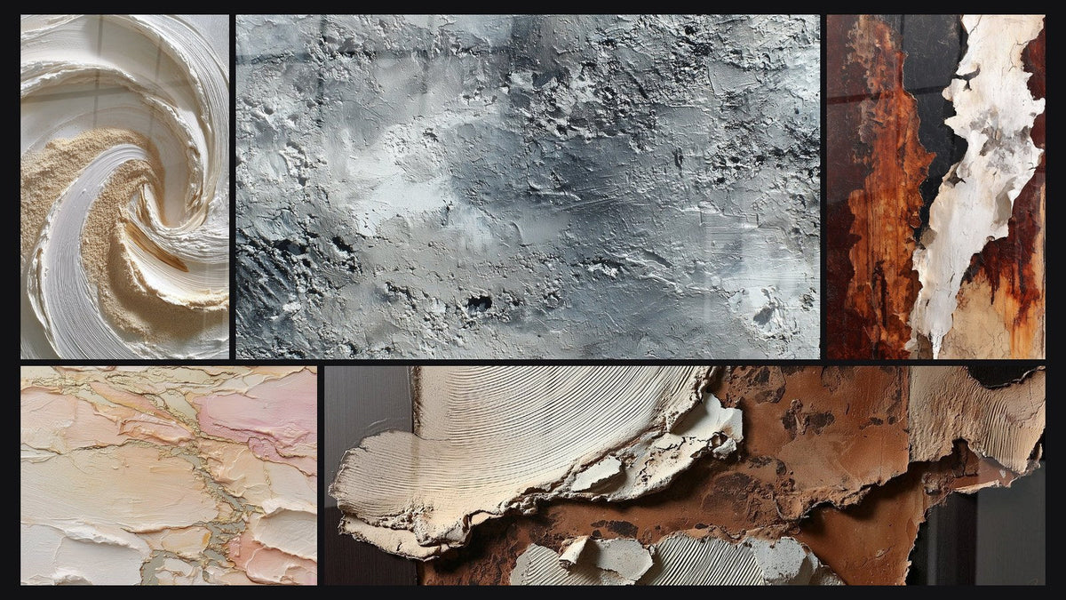 Mosaïque de cinq tableaux, dont Spirale dorée et blanche en relief texturé et Abstrait gris argenté texturé