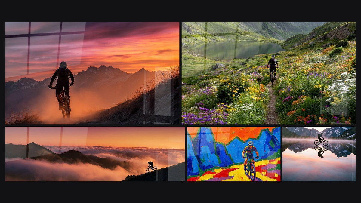 Mosaïque de cinq tableaux, dont VTT Coucher de Soleil Montagne, VTT Montagne Fleurie et VTT Montagne Nuages