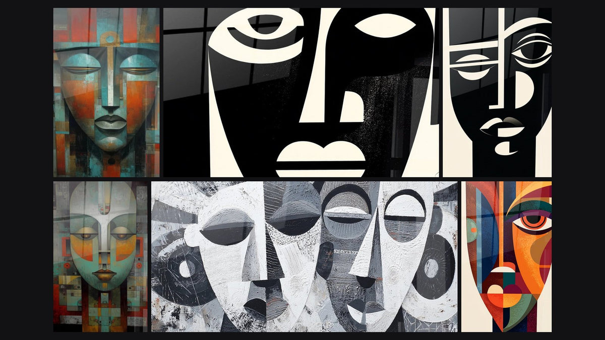 Mosaic of six paintings, including Abstract African Masks, African Masks and Modern Tribal Mask