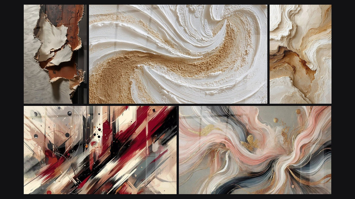 Mosaico de cinco cuadros, entre ellos Turbulencia Artística, Abstracto Texturizado Beige y Ocre y Flujos de Seda
