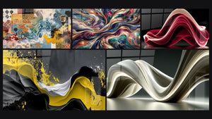 Mosaico de cinco cuadros, entre ellos Composición geométrica abstracta y Cosmos Encantado
