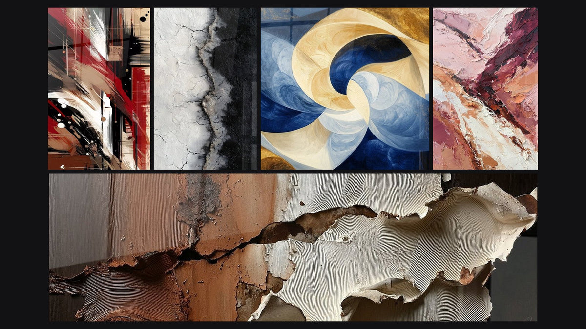 Mosaic of five paintings, including Structured Disorder Abstract and Divine Breath White