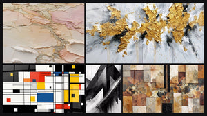 Mosaic of five paintings, including Abstract textured blush gold beige and Colorful geometric composition