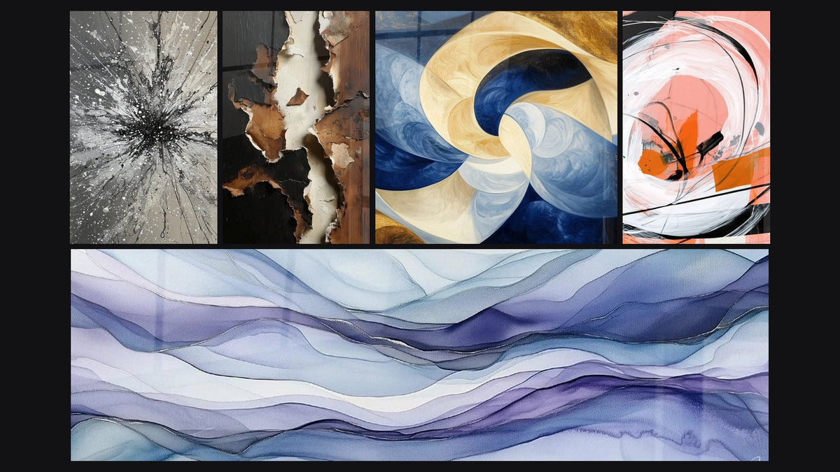 Mosaico de cinco cuadros, entre ellos Aliento Divino Blanco y Manteles Oníricos Pervenche