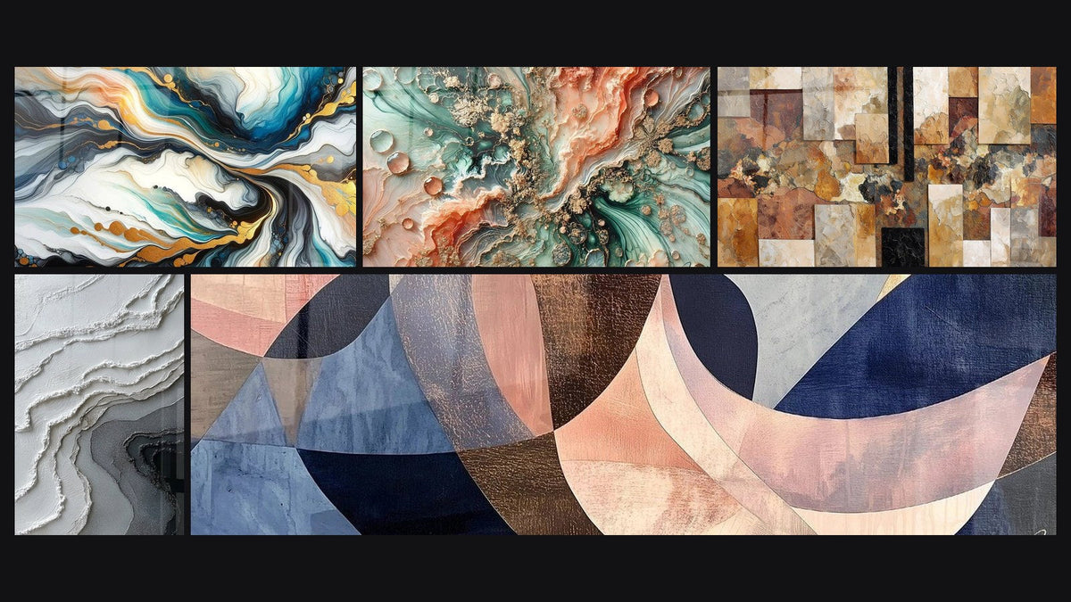 Mosaico de cinco cuadros, entre ellos Abstracto de Corrientes Coloridas, Sueño Coralino y Fusión Arcos Gráciles Terracota