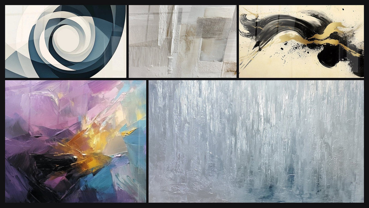 Mosaico de cinco cuadros, entre ellos Vortex Azul, Explosión de colores abstracta y Ciervo Pasión Negro
