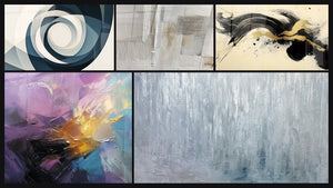 Mosaico de cinco cuadros, entre ellos Vortex Azul, Explosión de colores abstracta y Ciervo Pasión Negro