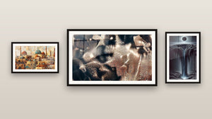 Gallery wall with three framed paintings, including Mystical Abyss and The Imprint of Eternity