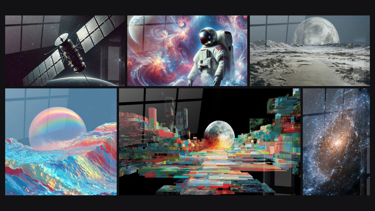 Mosaïque de six tableaux, dont Éclaireur Spatial, Espace N°3 et Paysage Lunaire Futuriste