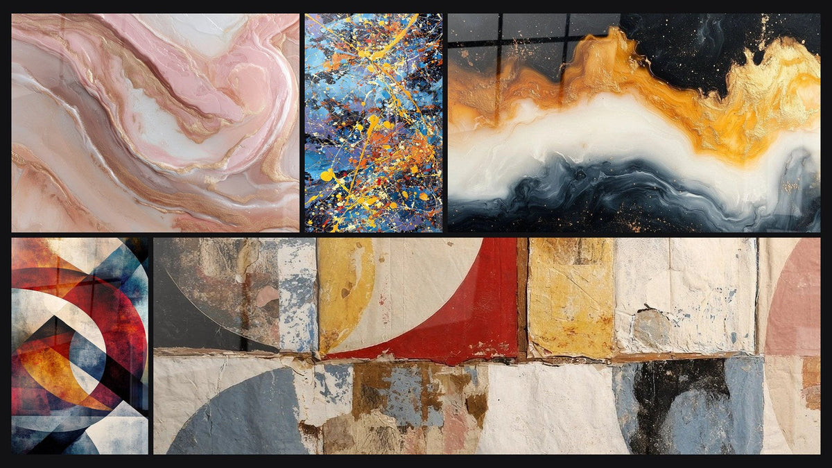 Mosaico di cinque quadri, tra cui Forme geometriche circolari di, Esplosione di colori di e Forme geometriche astratte di