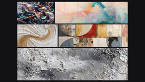 Mozaïek van vijf schilderijen, waaronder Minerale Serenade, Abstracte geometrische vormen en Roze Zwevende Cumuluswolken