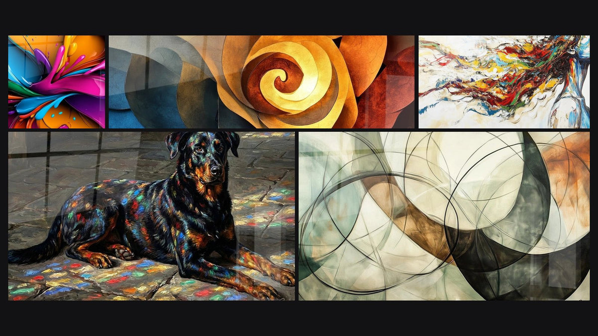 Mosaico de cinco cuadros, entre ellos Explosión de colores líquidos y Beauceron Multicolor con Reflejos Arcoíris