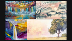Mozaïek van vier schilderijen, waaronder Impressionistische waterval en Zachtheid van de Lente