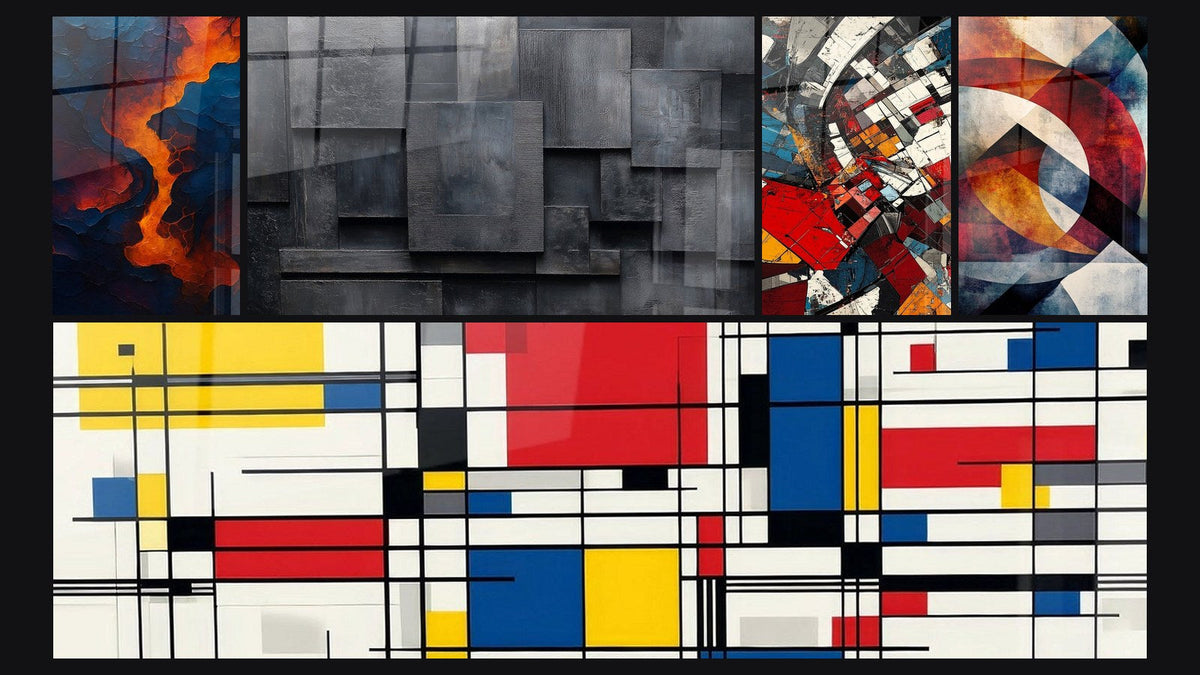 Mosaico de cinco cuadros, entre ellos Sangre de la tierra, Revolución Arquitectónica Moderna y Formas geométricas circulares