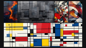 Mozaïek van vijf schilderijen, waaronder Bloed van de aarde en Abstract geometrisch grijs kolen zwart