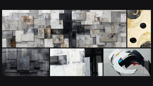 Mozaïek van vijf schilderijen, waaronder Abstract geometrisch grijs kolen zwart, Evenwicht Zwarte Bol en Abstract dynamisch