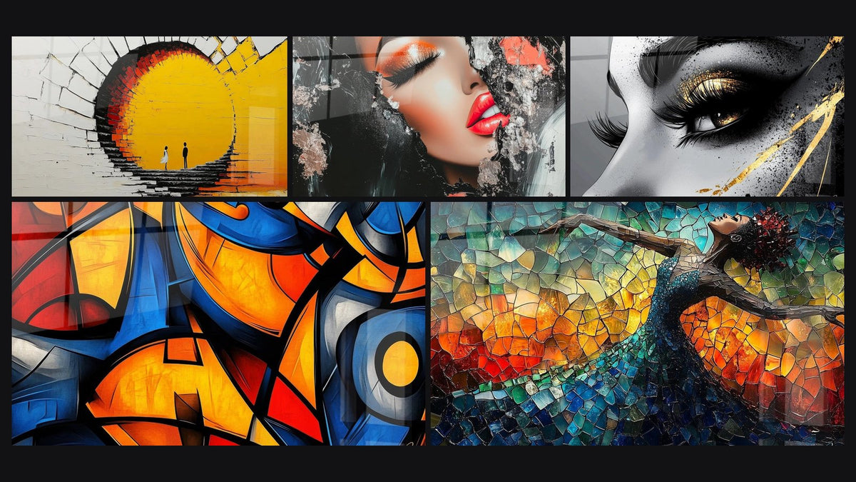 Mosaico di cinque quadri, tra cui Tunnel luminoso coppia, Donna rosso e nero e Forme geometriche colorate di