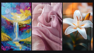 Mosaïque de trois tableaux : Cascade colorée, Tulipe N°2 et Lys N°2