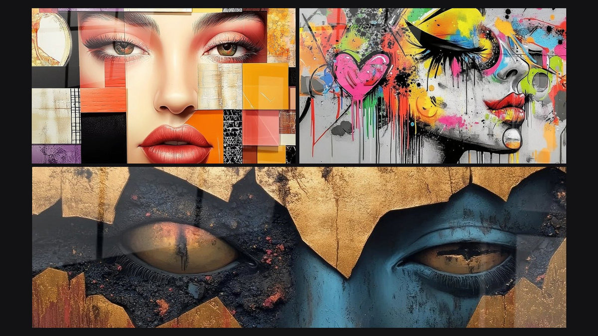 Mosaico di tre quadri: Tavolozza del volto femminile, Donna graffiti e Occhi coperti