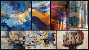 Mosaïque de six tableaux, dont Nuages dorés, Composition abstraite géométrique et Formes Architecturales Abstraites