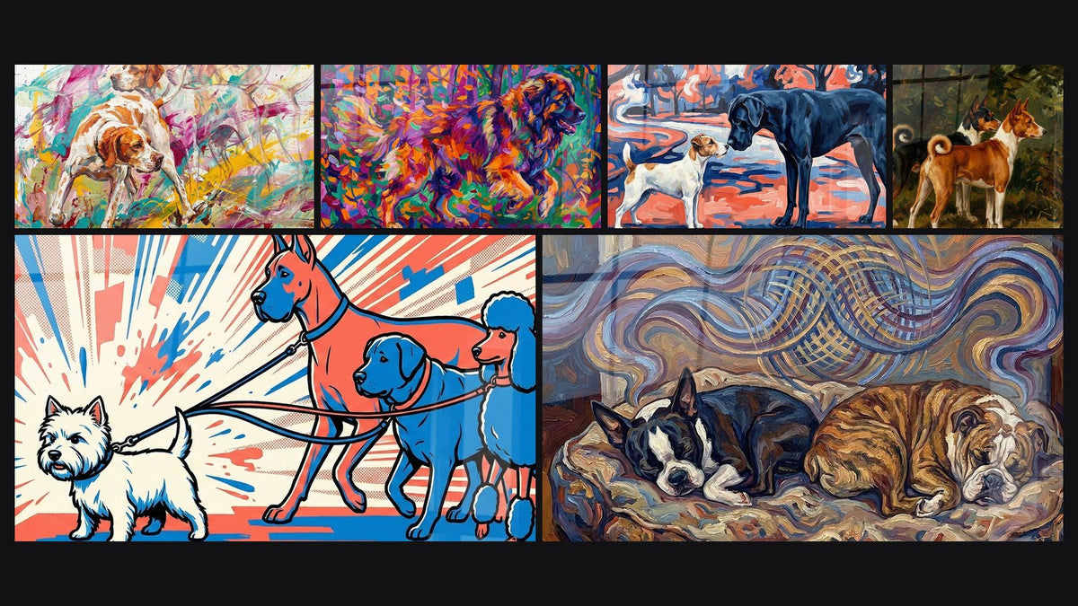 Mosaic of six paintings, including Colorful Leonberg Dogs in Autumn Forest and Two Dogs Meeting in a Colorful Landscape