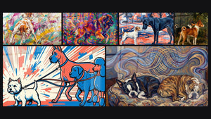 Mosaic of six paintings, including Colorful Leonberg Dogs in Autumn Forest and Two Dogs Meeting in a Colorful Landscape