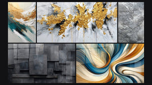 Mosaico de cinco cuadros, entre ellos Crepúsculo de Elementos y Explosión dorada sobre fondo blanco y gris