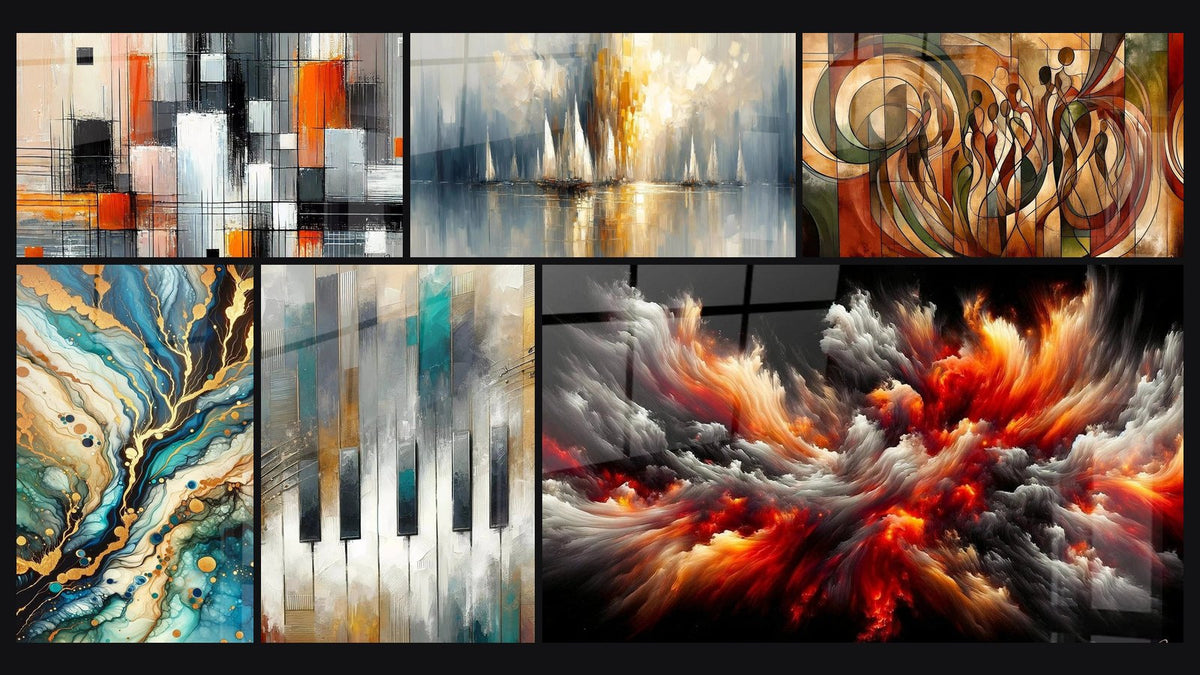Mosaico di sei quadri, tra cui Meccanica dei Colori, Alba sulla Baia e Labirinto Minerale