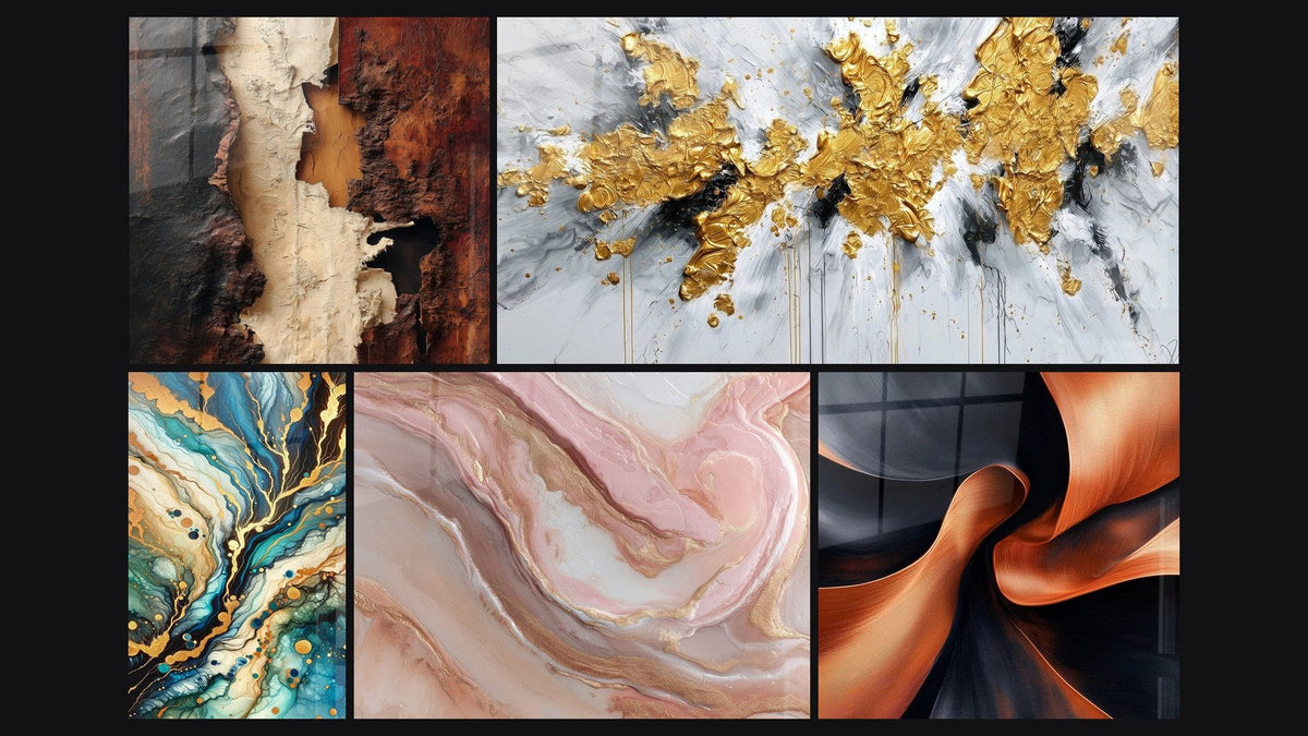 Mosaic of five paintings, including Mineral Labyrinth and Sculptural Momentum Copper