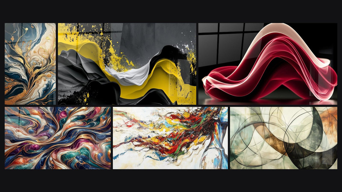 Mosaïque de six tableaux, dont Arbres d'Or Fluides, Cosmos Enchanté et Vague sinueuse rouge et blanche