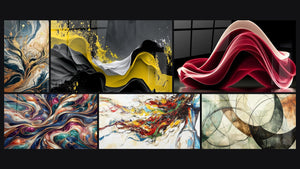 Mosaico de seis cuadros, entre ellos Árboles Dorados Fluidos, Cosmos Encantado y Olas fluidas amarillas y negras salpicadas