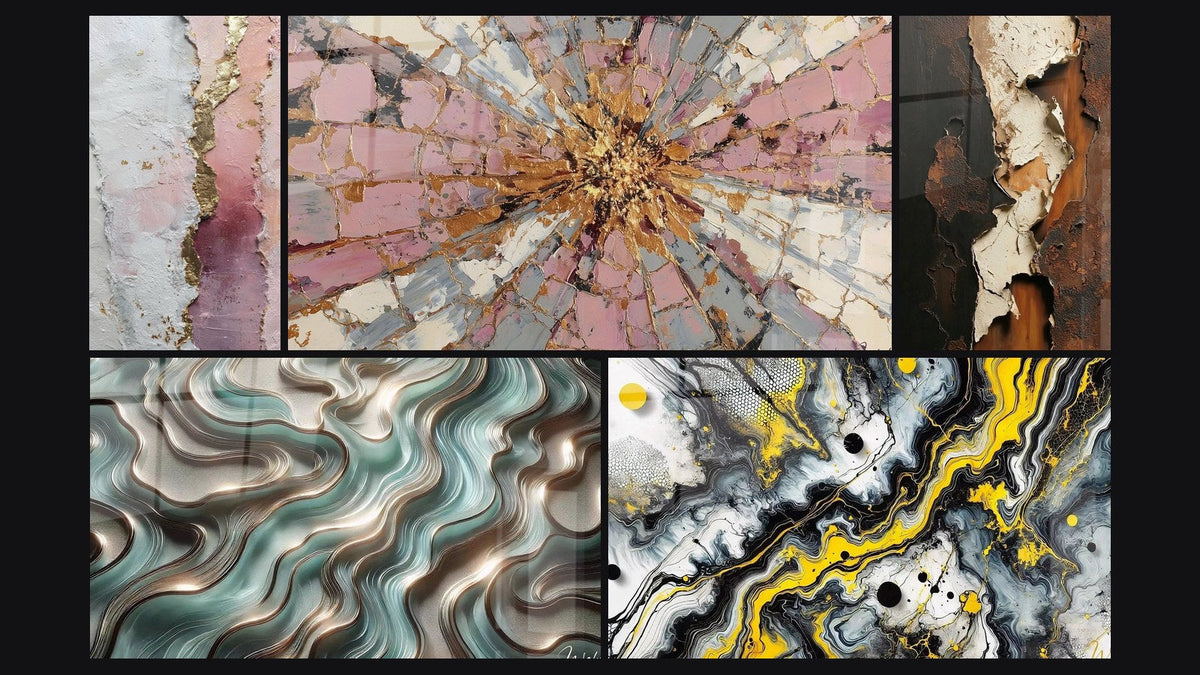 Mosaico di cinque quadri, tra cui Curve Eterei, Impatto Nero e Esplosione Rosa e Oro con Centro Radioso