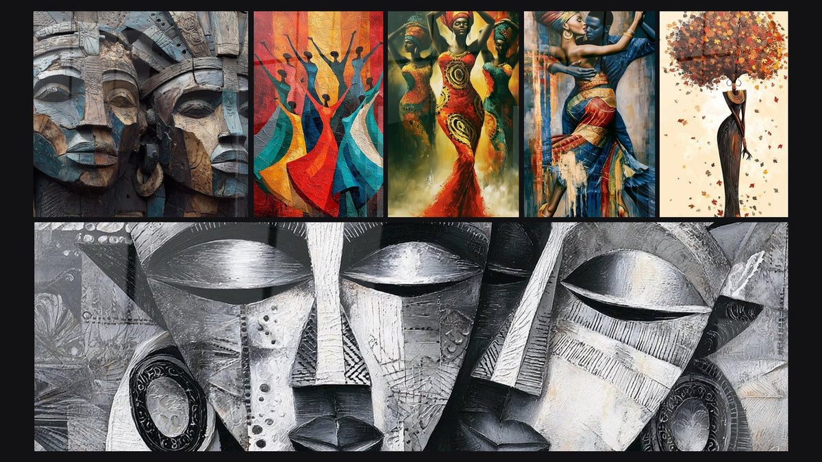 Mosaïque de six tableaux, dont Visages masques africains sculptés, Danseuses Africaines et Femmes en robes rouge et turquoise