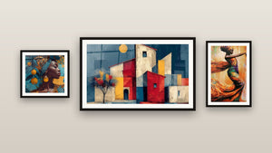 Galerijwand met drie ingelijste schilderijen, waaronder Dorp Terracotta onder de gouden zon