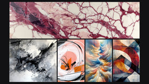 Mosaico de cinco cuadros, entre ellos Vetas púrpuras y crema sobre fondo crú y Espiral Blanca y Coral con Rayas Negras