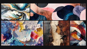 Mosaico de cinco cuadros, entre ellos Abstracto de Corrientes Coloridas y Simbiosis Ondulante Coral