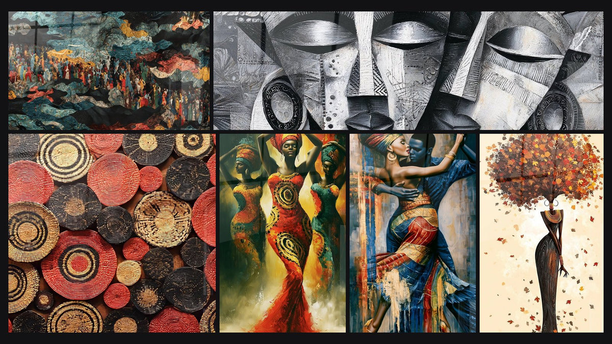 Mosaic of six paintings, including Ancestral Spiritual Scene, African Woven Baskets and Women in Red and Turquoise Dresses