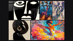 Mosaico de cinco cuadros, entre ellos Máscaras Africanas, Mujer Africana y Bailarines violetas con velos mármoles