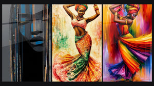 Mosaico de tres cuadros, entre ellos Rostro Africano y Bailarina remolino falda naranja y verde
