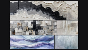 Mosaico de cinco cuadros, entre ellos Manteles Oníricos Pervenche
