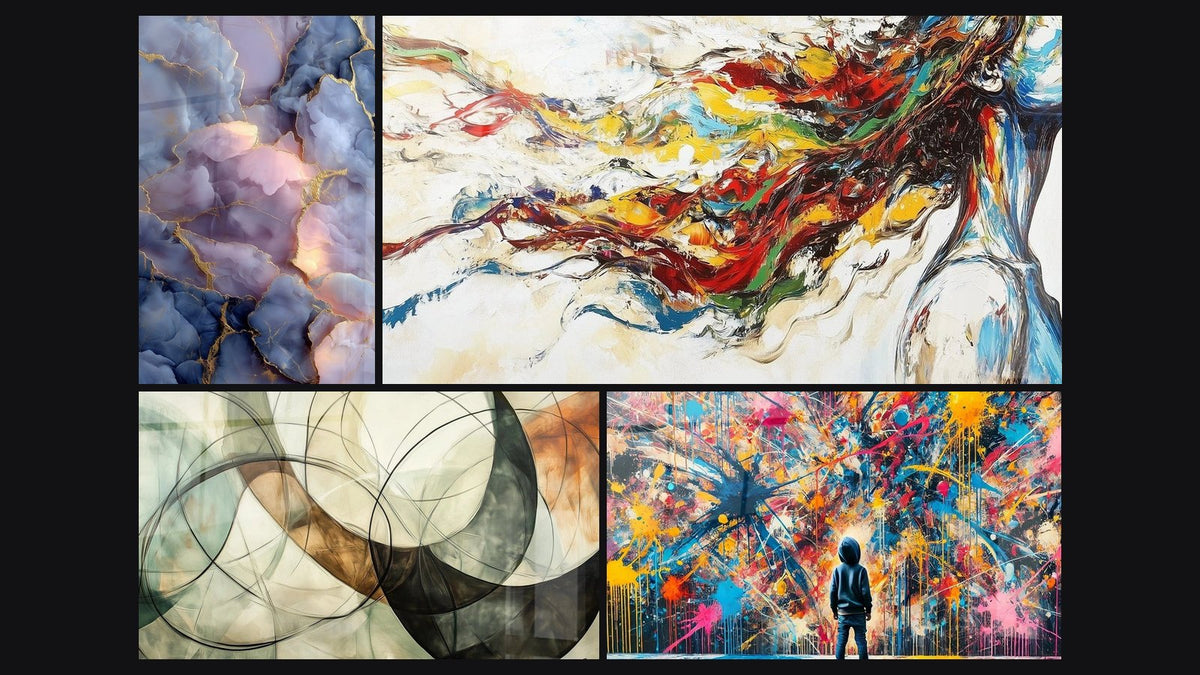 Mosaïque de quatre tableaux, dont Nuages Bleus et Dorés avec Veines Marbrées, Muse Moderne et Les Liens Invisibles