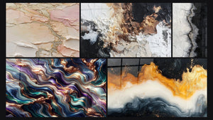 Mosaïque de cinq tableaux, dont Abstrait texturé beige rosé doré, Sérénade Minérale et Abstrait texturé blanc noir bronze