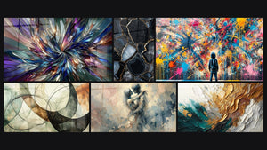 Mosaïque de six tableaux, dont Radiance Fractale, Les Liens Invisibles et Éclats de Peinture