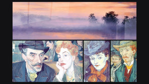 Mosaïque de quatre tableaux, dont Paysage brumeux au coucher de soleil et Café-concert mondanité parisienne