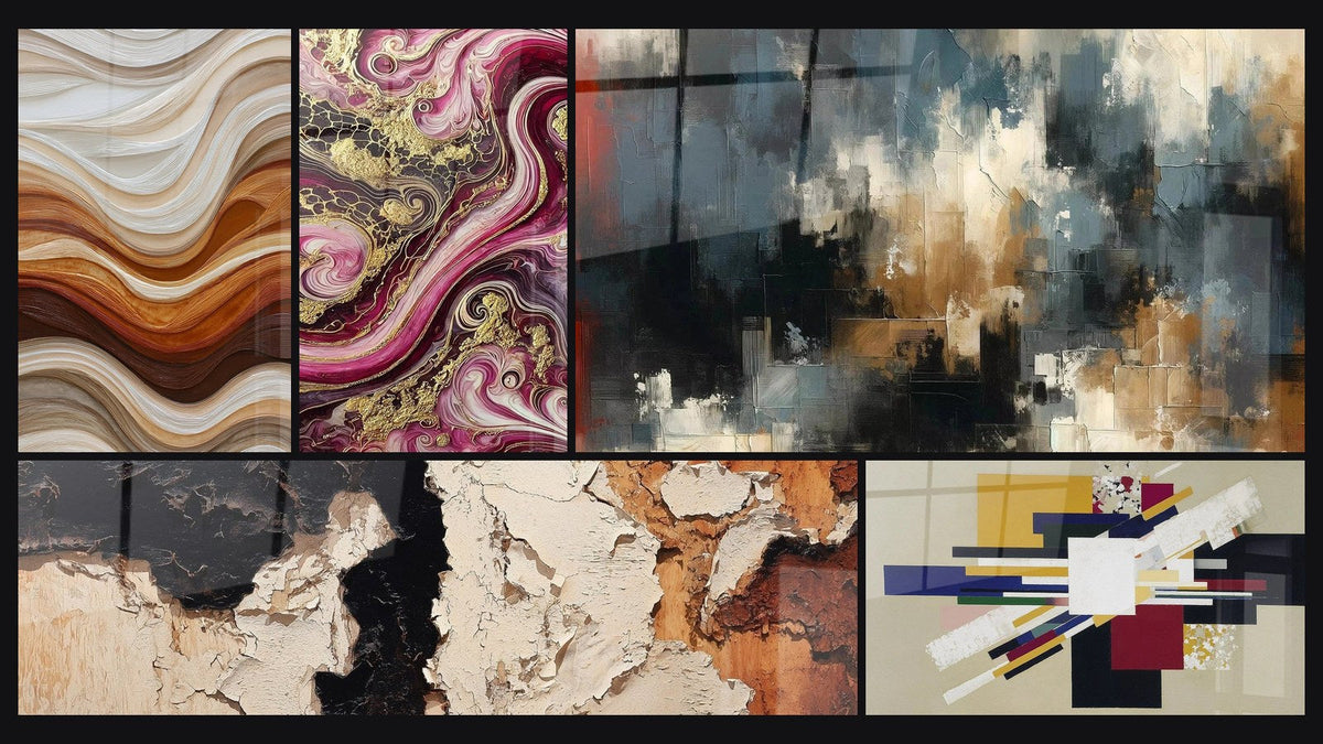 Mosaïque de cinq tableaux, dont Ondulations Fluides Terre et Cuivre, Flammes Pourpres et Chaos Organisé